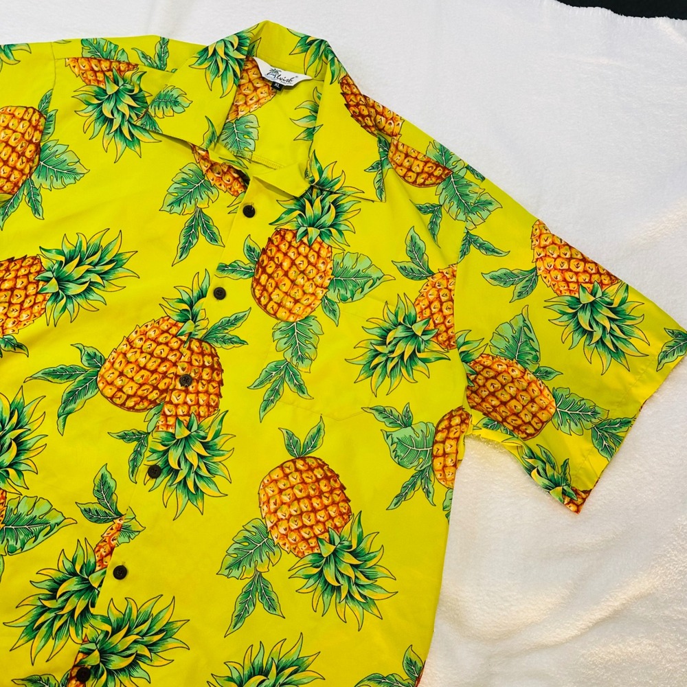 Alvish Mens Hawaiian Shirt XL Yellow Pineapple Tropical Print S/S Button